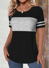 Patchwork Black Short Sleeve Round Neck T Shirt