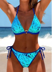 Leaf Print Circular Ring Cyan Bikini Set