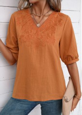 Embroidery Terracotta Half Sleeve V Neck Blouse