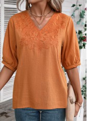 Embroidery Terracotta Half Sleeve V Neck Blouse