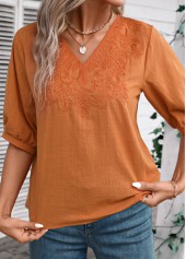 Embroidery Terracotta Half Sleeve V Neck Blouse