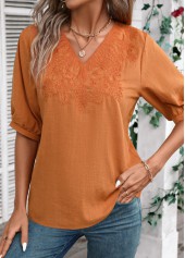 Embroidery Terracotta Half Sleeve V Neck Blouse