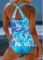Floral Print Patchwork Neon Blue Tankini Set