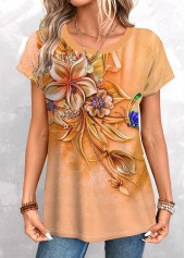 Floral Print Patchwork Orange Short Sleeve T Shirt