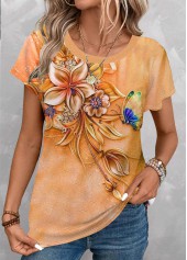 Floral Print Patchwork Orange Short Sleeve T Shirt
