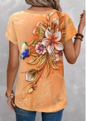 Floral Print Patchwork Orange Short Sleeve T Shirt