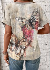 Butterfly Print Patchwork Light Camel Short Sleeve T Shirt