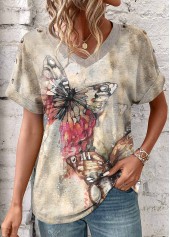 Butterfly Print Patchwork Light Camel Short Sleeve T Shirt