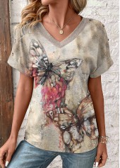 Butterfly Print Patchwork Light Camel Short Sleeve T Shirt