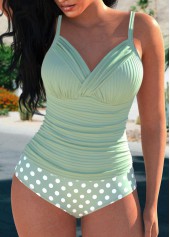 Polka Dot Ruched Sage Green Tankini Set