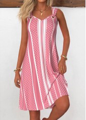Striped Breathable Pink A Line Sleeveless V Neck Dress