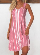 Striped Breathable Pink A Line Sleeveless V Neck Dress