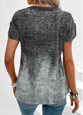 Ombre Patchwork Grey Short Sleeve Split Neck T Shirt