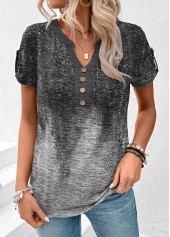 Ombre Patchwork Grey Short Sleeve Split Neck T Shirt