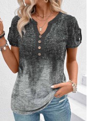 Ombre Patchwork Grey Short Sleeve Split Neck T Shirt