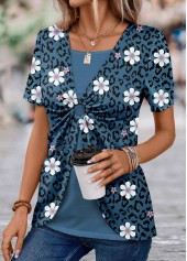 Floral Print Patchwork Peacock Blue Short Sleeve Shirt