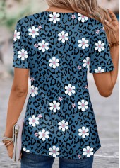 Floral Print Patchwork Peacock Blue Short Sleeve Shirt