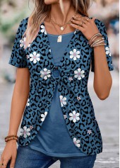 Floral Print Patchwork Peacock Blue Short Sleeve Shirt