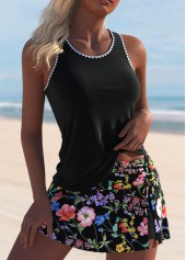 Ditsy Floral Print Cut Out Black Tankini Set