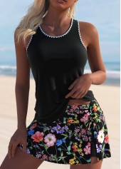 Ditsy Floral Print Cut Out Black Tankini Set
