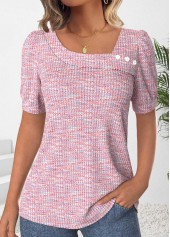 Button Pink Short Sleeve Asymmetrical Neck T Shirt