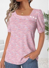 Button Pink Short Sleeve Asymmetrical Neck T Shirt