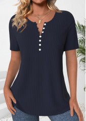 Button Navy Short Sleeve Round Neck T Shirt