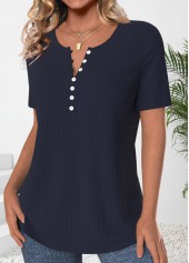 Button Navy Short Sleeve Round Neck T Shirt
