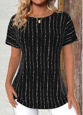 Striped Lightweight Black Short Sleeve Round Neck T Shirt