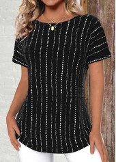 Striped Lightweight Black Short Sleeve Round Neck T Shirt