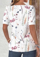Floral Print Button White Short Sleeve T Shirt