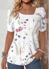 Floral Print Button White Short Sleeve T Shirt
