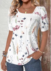 Floral Print Button White Short Sleeve T Shirt
