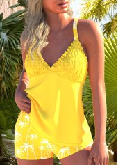 Tropical Plants Print Smocked Yellow Tankini Set