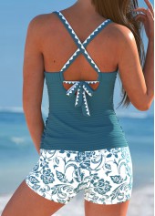 Random Floral Print Criss Cross Peacock Blue Tankini Set