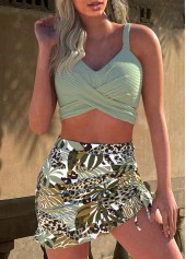 Tropical Plants Print Criss Cross Sage Green Bikini Set