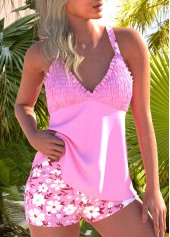 Floral Print Ruched Pink Tankini Set