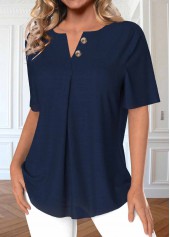 Button Navy Short Sleeve Split Neck Blouse