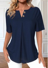 Button Navy Short Sleeve Split Neck Blouse