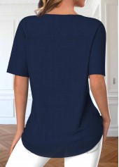 Button Navy Short Sleeve Split Neck Blouse
