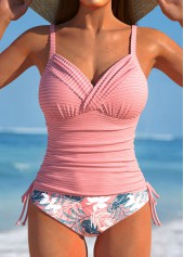 Floral Print Ruched Pink Tankini Set