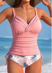 Floral Print Ruched Pink Tankini Set