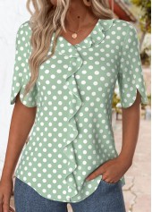 Polka Dot Ruffle Green Short Sleeve T Shirt
