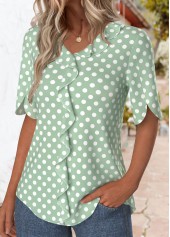 Polka Dot Ruffle Green Short Sleeve T Shirt