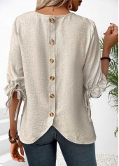 Button Beige Half Sleeve Round Neck Blouse