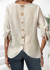Button Beige Half Sleeve Round Neck Blouse