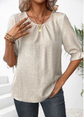 Button Beige Half Sleeve Round Neck Blouse