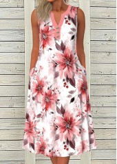 Floral Print Button Pink A Line Sleeveless Dress