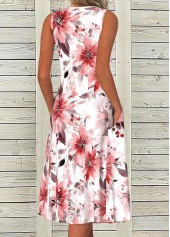 Floral Print Button Pink A Line Sleeveless Dress