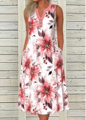 Floral Print Button Pink A Line Sleeveless Dress